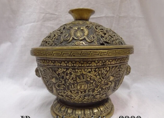 

JP S62 8" Tibet Bronze Dragon Lion Statue Coin 8 Auspicious Symbol Box Incense Burner