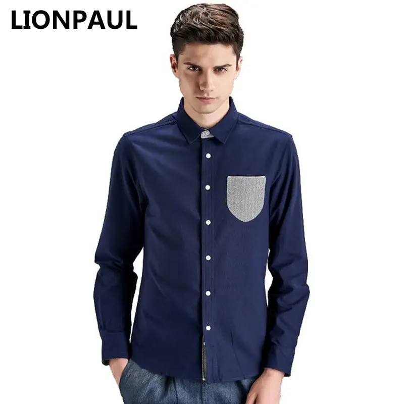 

LIONPAUL Men Casual Stitching Pocket Shirt High Quality Long Sleeved Mens Pink Cotton Soft Slim Shirts