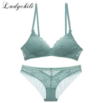 

Ladychili Wome Intimate Lace Flora Crochet Embroidery Thin See Through Sexy Lingerie Set No Underwire Bra Underwear Set N378