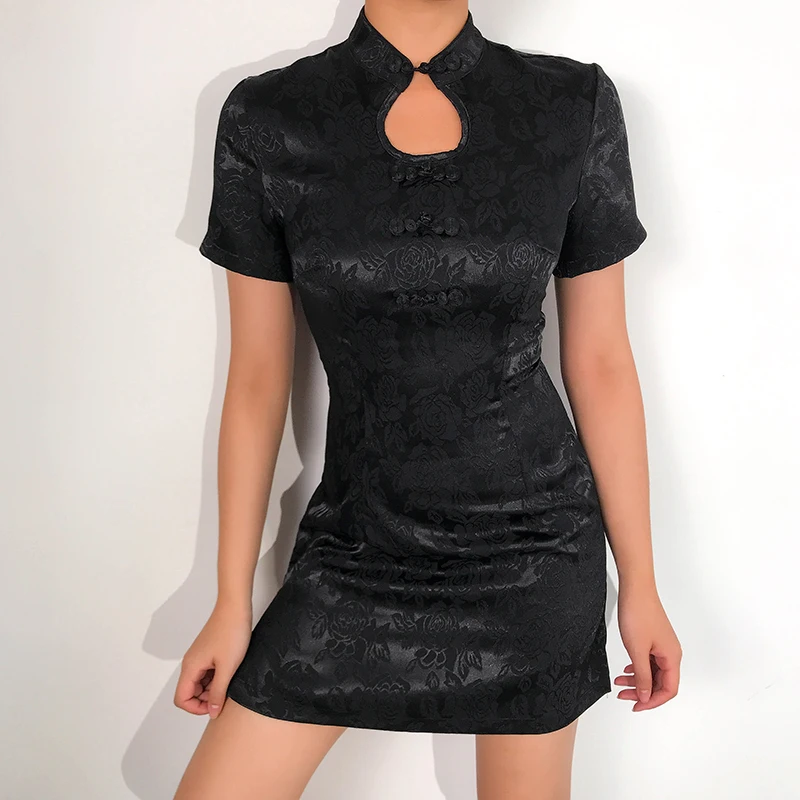 

2019 Cheongsam Chinese Style Dresses Zipper Split Summer Dress Short Sleeves Black Women Bodycon Short Dress Party Cuteandpsycho