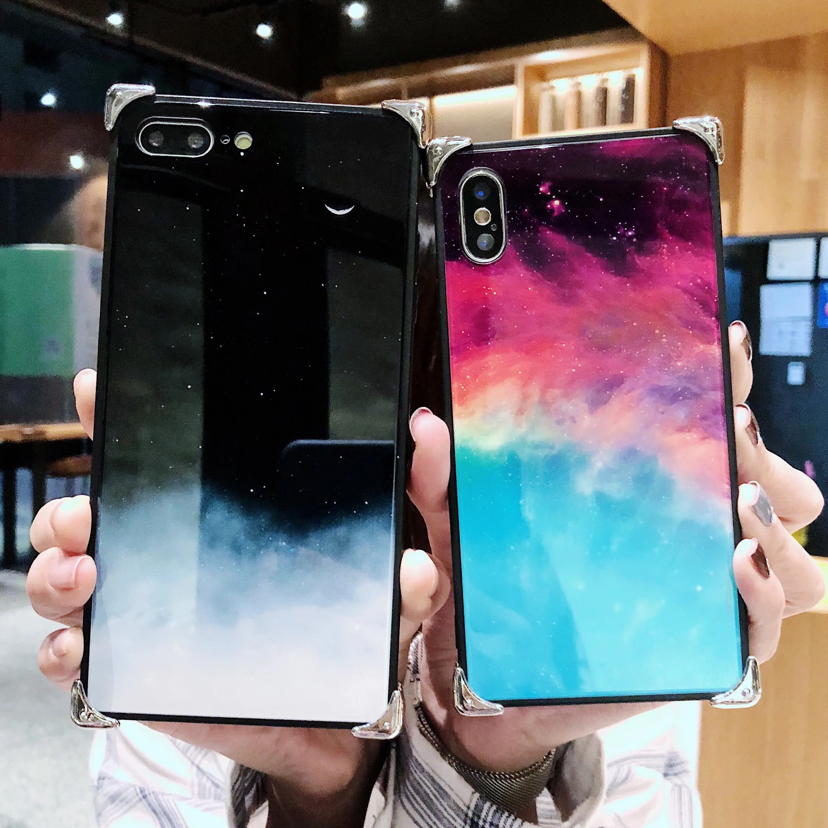 

Starry sky for iPhone XS Max Xr 7 8 Plus 6s Case toughened glass Luxury Silicone Cover Shockproof Silicone Bumper New style case