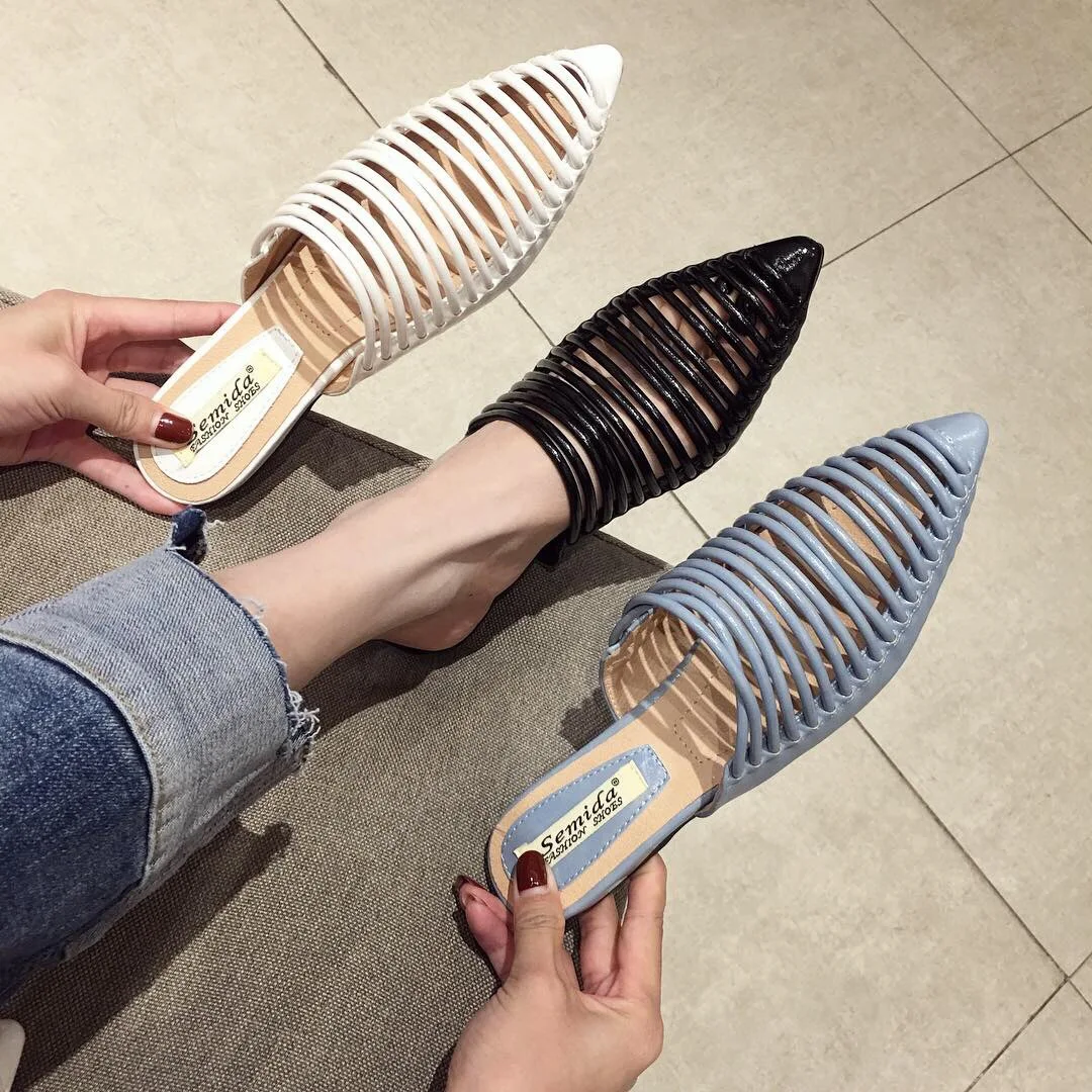 

2019 Spring Brand New Pumps Women Slippers Shoes Woman Pointed Flat Sandals Mules Cute Plush Aike Asia Rubber PU Fur Slides