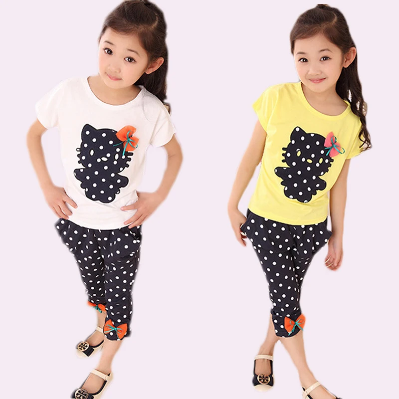 

Two-piece baby girl summer dress Girls short-sleeved harem pants elastic dot KT cat clothes + pants children's casual wear suit