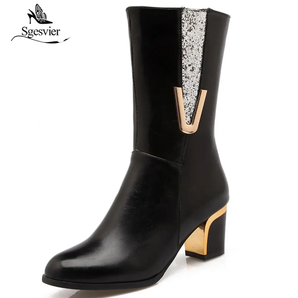 

Sgesvier Winter Thick High Heels Women Half Boot Round Toe Footwear Mid Calf Boots Solid Shoes Women 2018 New Black OX838