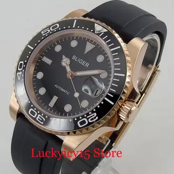 

BLIGER 40mm Black Dial Sapphire Glass Rubber Strap Automatic Men's Watch Bracelet Clasp Gold Watch Case