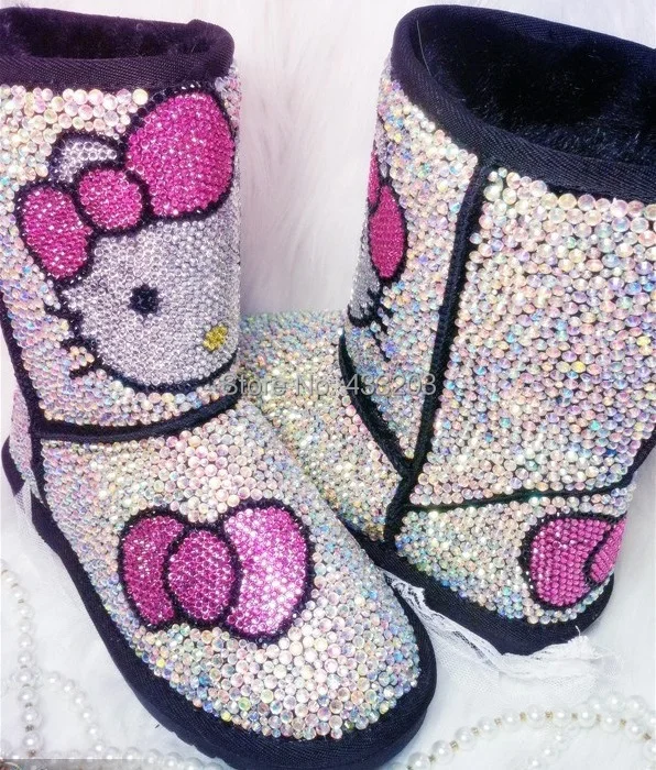 2016 Winter Genuine Leather Luxury Handmade Rhinestones Hello Kitty Snow Boots Women Warm Fur Boots Big Size EU35~41