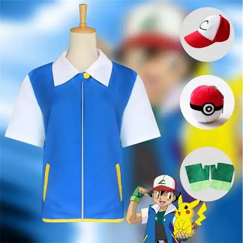 Ash Ketchum костюмы Pocketmon тренировочная куртка для косплея японского аниме ясень рубашка перчатки шляпа шар синий белый мультфильм Пикачу для взрослых - Цвет: B