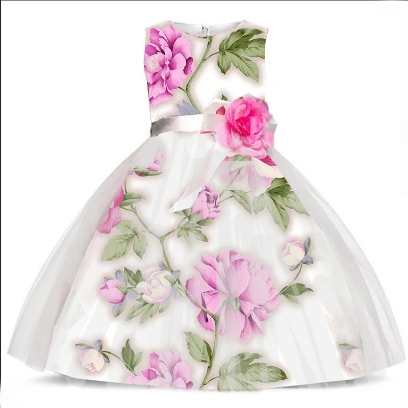 

Formal Baptism Gowns Kids Baby Girls Print Dress Flower Sleeveless Birthday Party Princess Fashion Sleeveless Dress Clothes 2-7Y