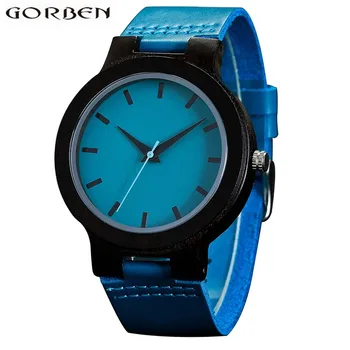 

Fashion Blue Watchface Wood Watches Male Analog Black Case Quartz-watch Mans Wristwatches Top Brand Luxury Relogio Masculino