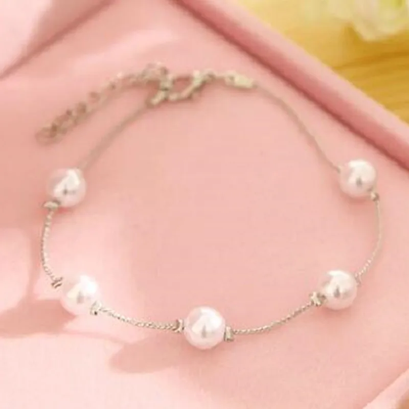 

Hot Sales New Silver Color Imitation Pearl Charm Bracelet & Bangle Fashion Summer Jewelry Bijoux Wholesale For Women