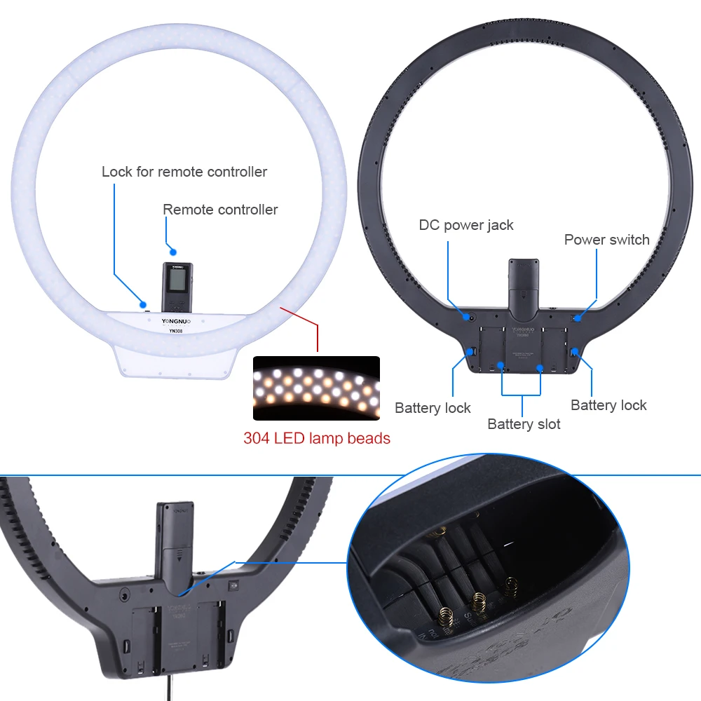 YongNuo YN308 селфи кольцо со светодиодной подсветкой двухцветный 3200 K~ 5500 K светодиодный видео свет беспроводной пульт дистанционного управления CRI95 с ручкой