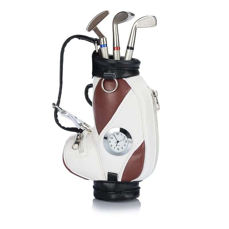Caiton Novelty golf gifts golf clubs pen ballpointpens In mini golf bag  desk pen holder with a clock, 5 piece set