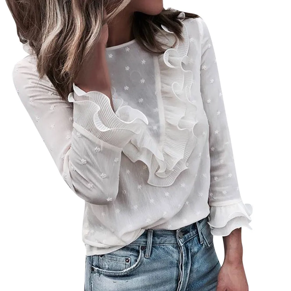 Женская Повседневная кружевная рубашка в горошек с круглым вырезом, топы с длинными рукавами, блузка, женская одежда, Топ# K20