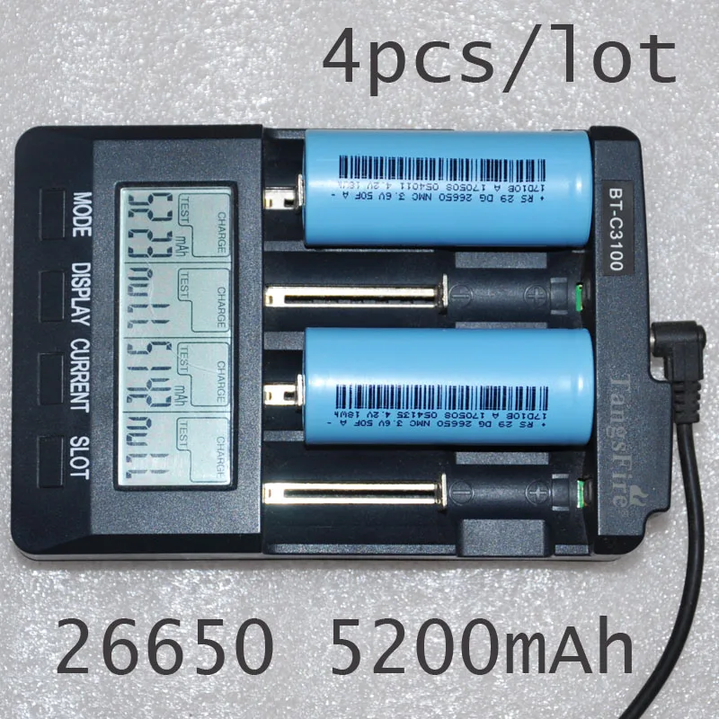 New 4pcs icr 3 7v 26650 lithium ion rechargeable battery 5200mah li ion