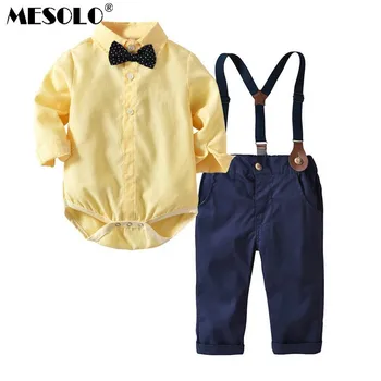 

MESOLO Children's Garment Autumn Catamite England Gentleman Wind Tie Ha. Shirt Removable Straps Trousers Twinset