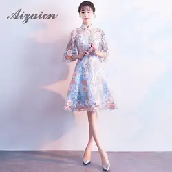 Китайское традиционное платье Cheongsam 2018 Корея летнее платье элегантный кружевной вышивкой Qipao трапециевидной формы для девочек Oriental Платья