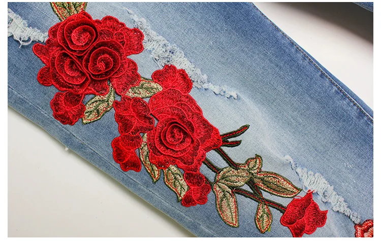 2017 Europe and the United States new women stretch loose jeans women trousers color flowers 3D stereo embroidery holes jeans (14)