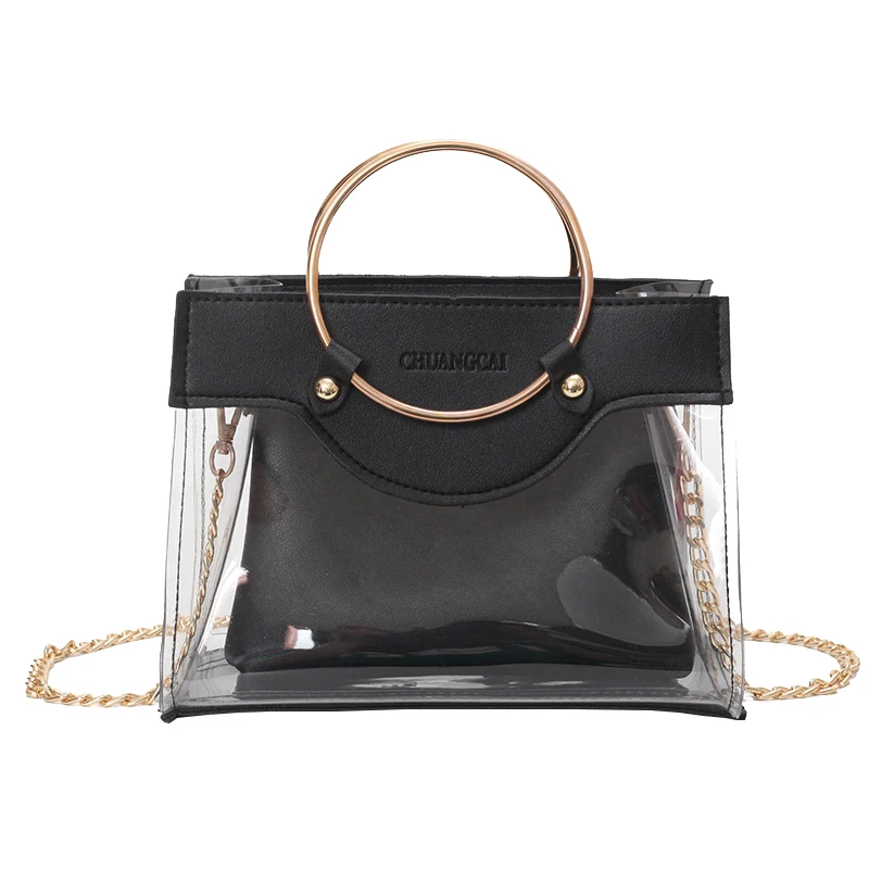 

ABDB-Summer New Handbag Pvc Transparent Women Bag Metallic Ring Tote Bag Beach Travel Chain Shoulder Messenger Bag