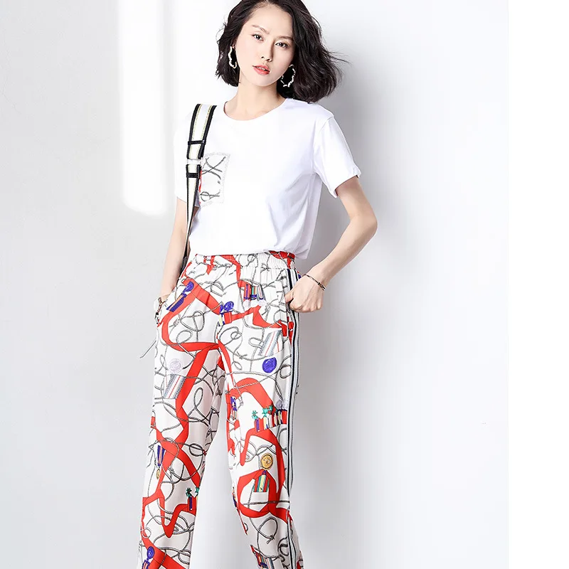 

Western style age-reducing fashion round-neck printed T-shirt casual wide-leg trouser suit two-piece female summer free shipping