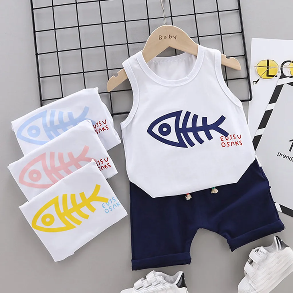 Toddler Kids Baby Boy Sleeveless Cartoon T shirt Tops Shorts Pants 2pcs Clothes Outfits Set