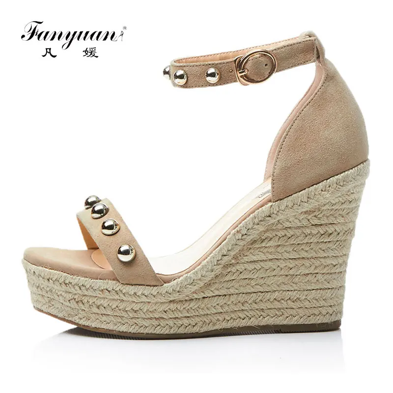 

2018 Summer Women Kid Suede Sandals Metal Decoration Ankle Strap Super High Wedges Straw Weave Platform Women Shoes