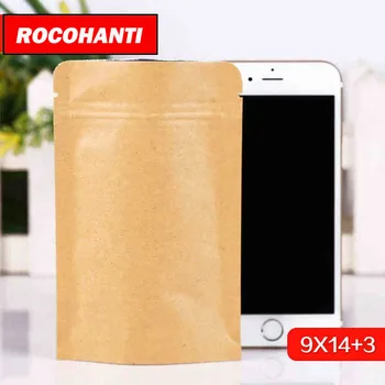 

100X Wholesale price plain logo sticker ziplock stand up brown craft kraft paper bag for coffee snack nuts