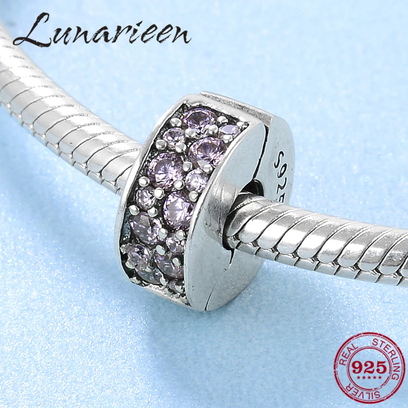 

New 925 Sterling Silver fashion Light pink sparkling CZ Clips Lock beads Fit Original Pandora Charms Bracelets jewelry making
