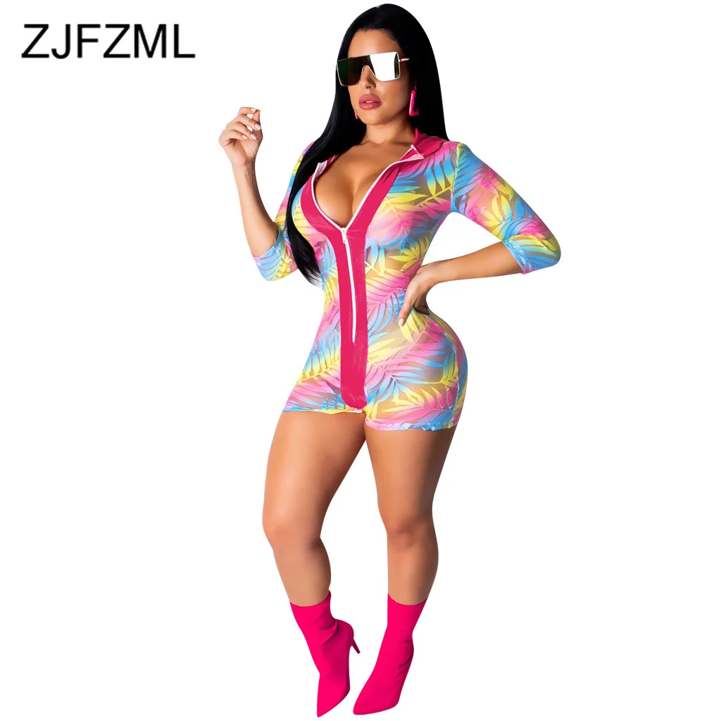 

Mesh Patchwork Sexy Rompers Womens Jumpsuit Leaves Print Front Zipper Bodycon Bodysuit Casual Full Sleeve Hooded Party Playsuit