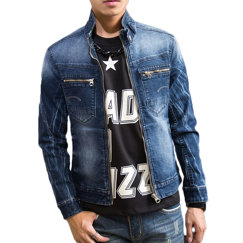 

Korean Mens Skinny Denim Jackets Fake Pockets Patchwork Slim Jackets Spring Autumn Coat for Male