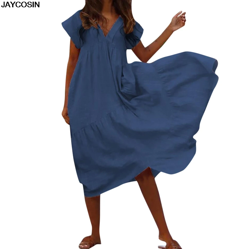 

JAYCOSIN dresses Summer Women Solid Casual Neck Short Sleeve Beach Maxi Dresses Long Dress CLUB party Sling Length Dresses 9417