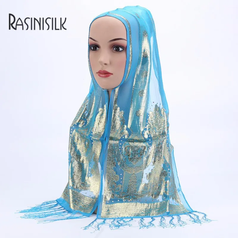 

10pcs Can choose colors 30*126CM Islamic Women's Golden Headscarves Chiffon Diamond Shawl Arab muslim long headscarf Wholesale
