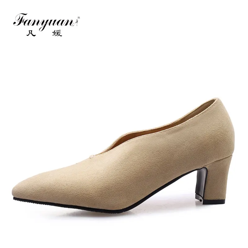 

Fanyuan Fashion Flock Slip On Pumps Sexy Pointed Toe Square High Heels Spring Concise V-port Shallow Office Shoes Women Shoes