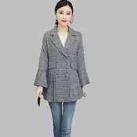 Plaid Blazer Coat Female Flare Sleeve Pleated High Waist Double Breasted Womens Jacket Coat 2019 Autumn New