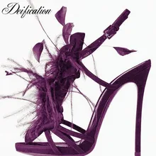 Deification/женские дизайнерские туфли на высоком каблуке-шпильке, украшенные птичьими перьями; вечерние свадебные туфли с ремешком и пряжкой на щиколотке; Sandalia