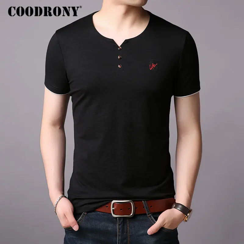 

COODRONY T Shirt Men Short Sleeve T-Shirt Men Summer Streetwear Casual Men's T-Shirts Henry Collar Cotton Tee Shirt homme S95002