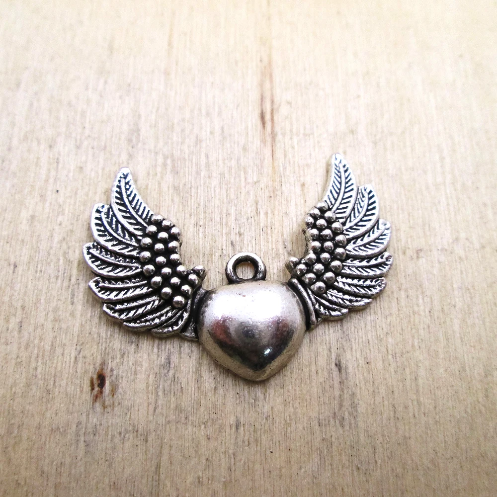 

10 PCs 38*28MM Heart with Wings, Angel Wings, Heart Jewelry Making DIY necklace/ bracelets charms antique silver tone