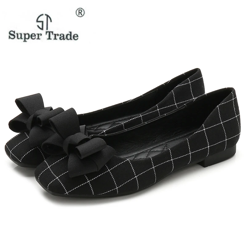 2019 New Arrival Patent Leather Flat Women Ballet Flats Shoes Women Plus Size 36-42 Black Square Toe Bowtie Shoes Black For Lady