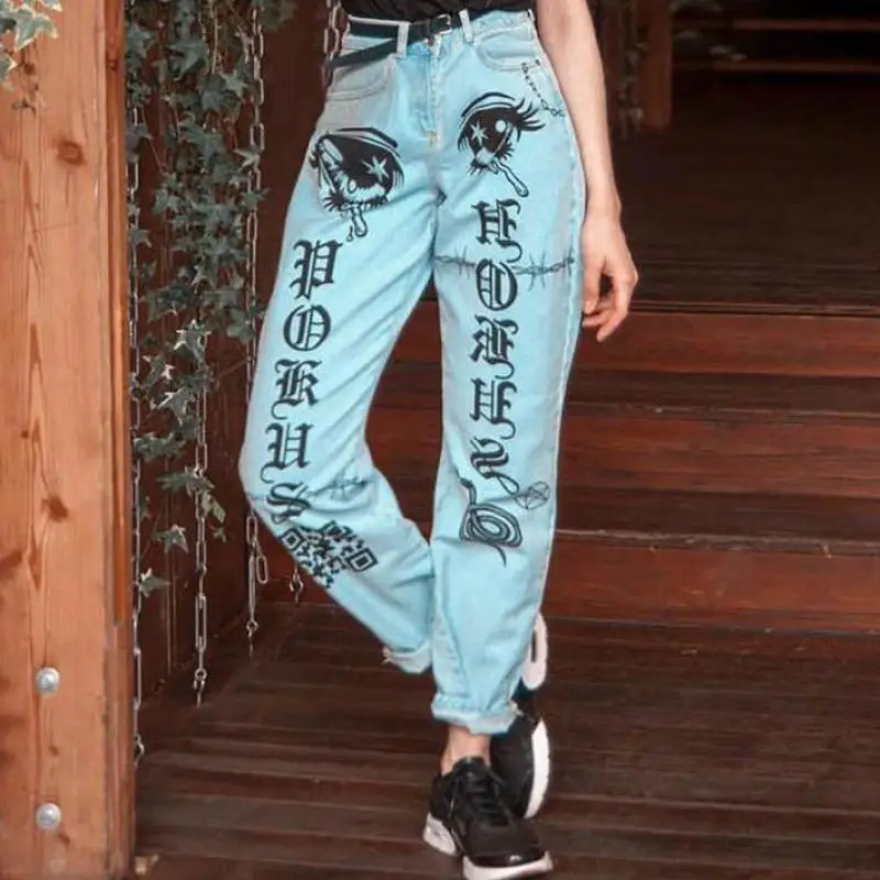 

Letter Eyes Print Jeans Spring Summer New Arrival Trousers Female Jeans Women Cool Straight Light Blue Denim Pants 840