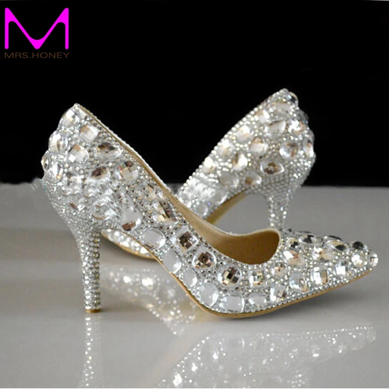 Silver Rhinestone Wedding Shoes Pointed Toe Crystal Heels Silver Rhinestone Wedding Shoes Pointed Toe Crystal Heels Party 3 Inches High Heel Prom Pumps Bridesmaid In Women S From On