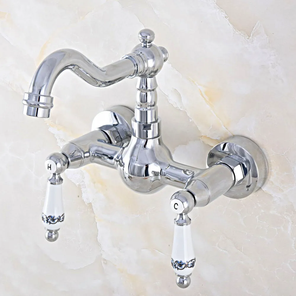 Polished Chrome Brass Wall Mount Kitchen Sink Faucet Swivel Spout Mixer Tap Dual Ceramics Handles Levers anf564
