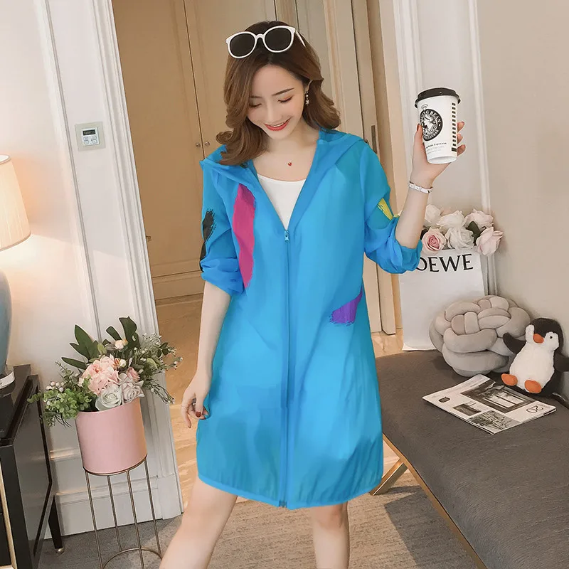 

2019 Summer Women Jacket Thin Hooded Sunproof Cardigan Beach Long Sunscreen Water Proof Windbreaker Hooded Basic Jacket R172