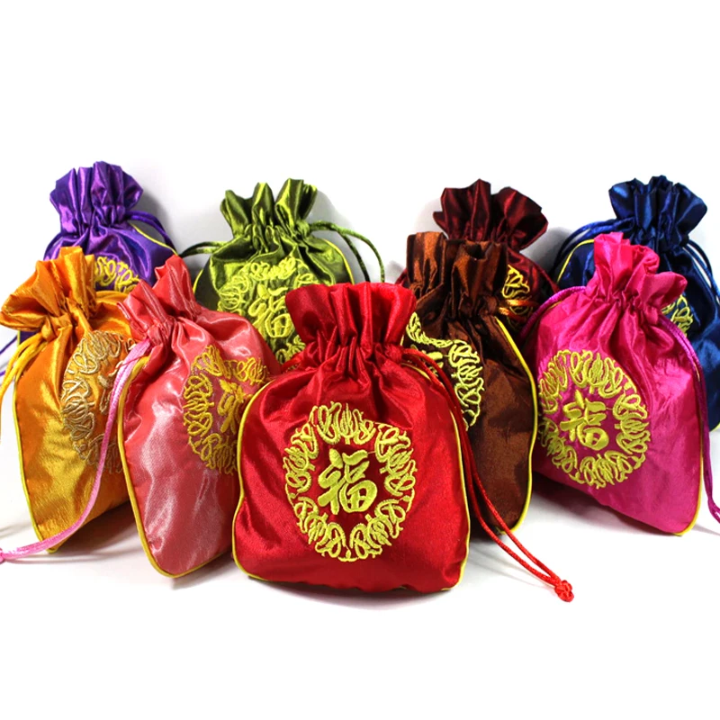 Embroidery Chinese Fu Cloth Drawstring Gift Bags For Jewelry Packing
