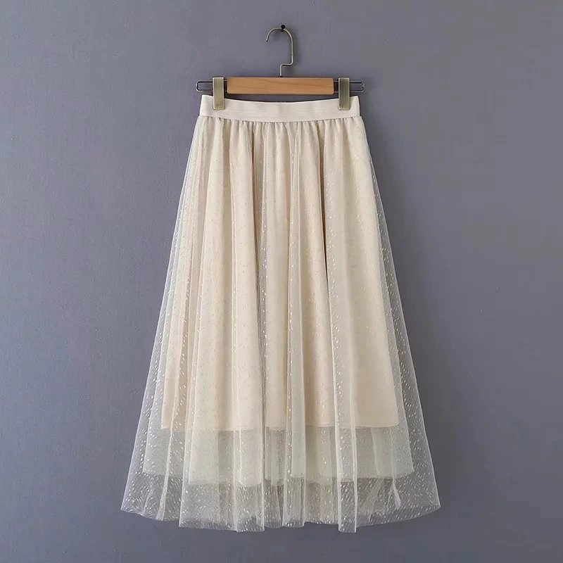 

Solid Women Cascading Mesh Cloth Midi Skirt Leisure Female Elegant Skirts 2019 Summer Lady Loose Longuette P1267