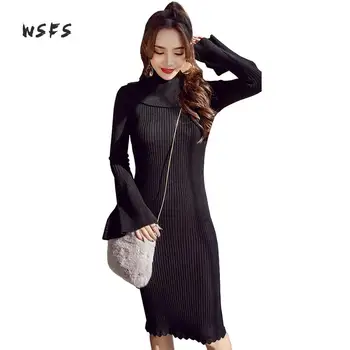 

Wsfs Winter Women Dresses Knitted Black Khaki Long Flare Sleeve Vintage Bandage Dress Turtleneck Slim Lady Party Bodycon Dress