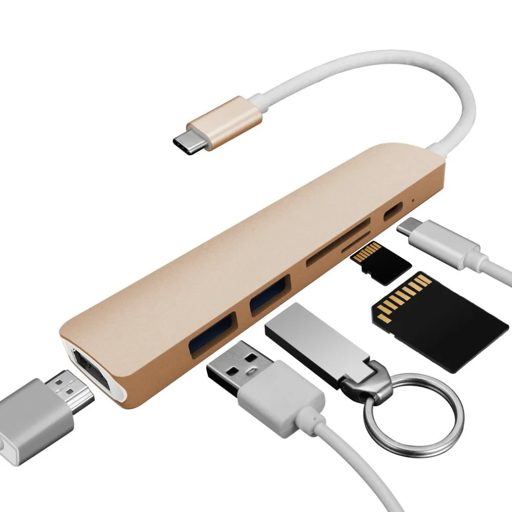 Мультифункциональный Тип c концентратор 6-в-1 Тип-c адаптер 4 K HDMI выход USB 3,0 Порты с концентратор-Картридер для MacBook для телефона из поликарбоната