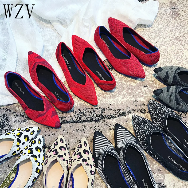 Baratos 30 colores mujer Ballet puntiagudos Slip on mocasines suela suave 3D lana tejida embarazada mocasines mujeres zapatos de barco casual Flats