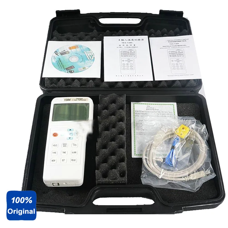 TES-1384 Highly Accurate 4 Input Function T1/T2/T3/T4 Temperature Display Thermometer Thermocouple with Datalogger