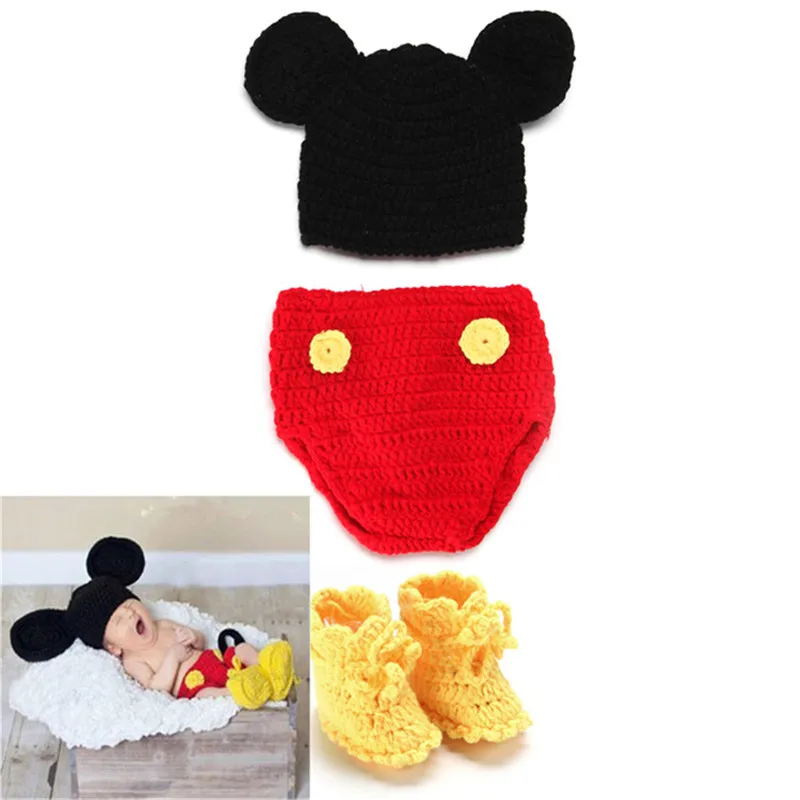 Hot Sale Mickey Hat Pants&Shoes Set Boy Knitted Costume Cartoon Design Baby Photography Props Halloween Outfits MZS-14016