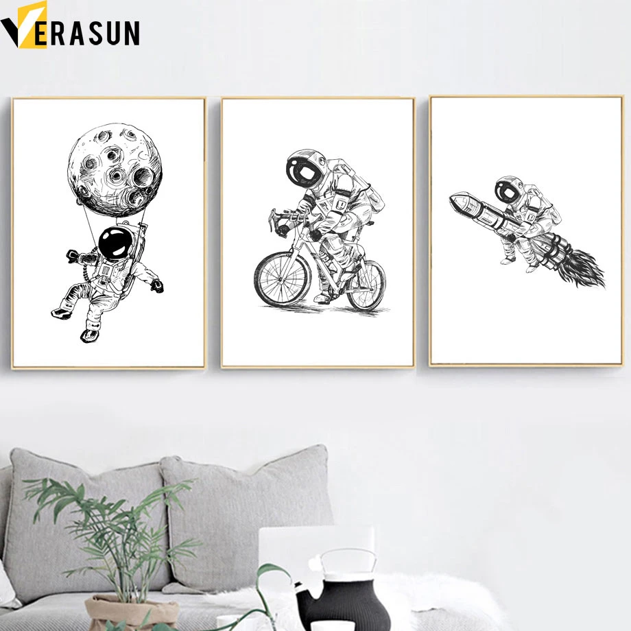 Lucu Hitam Putih Astronot Roket Bulan Sepeda Dinding Seni Cetak Kanvas Lukisan Nordic Poster Dinding Gambar Untuk Dekorasi Ruang Tamu Painting Calligraphy Aliexpress