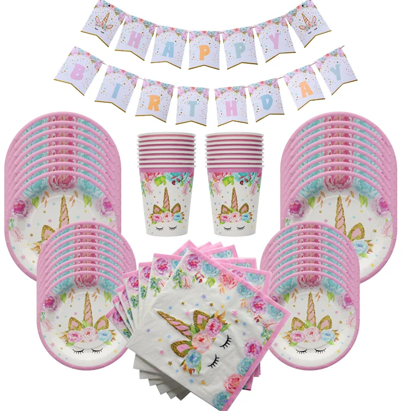 

MEIDDING 1 Set Unicorn Party Disposable Tableware Unicorn Birthday Party Supplies Plates Cups Napkins Baby Shower Birthday Decor